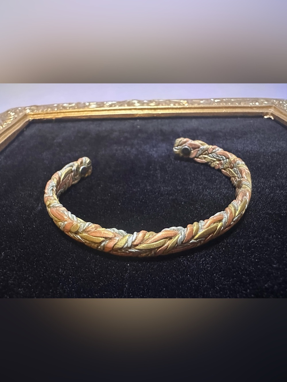 Vintage Sergio Lub Mixed Metal Braided Cuff Bracelet Copper Sage Tri-Tone Boho